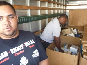 Filling gaylords with books, 500 pounds each